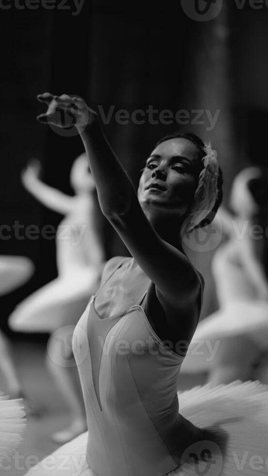 Ballerinas in white tutus, view from backstage. Black and white photos