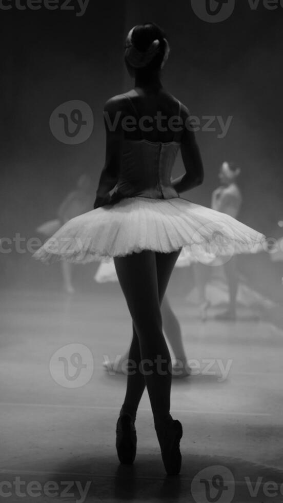 Ballerinas in white tutus, view from backstage. Black and white photos