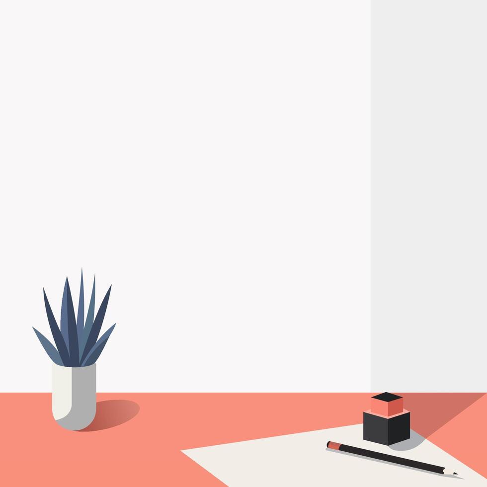 Office interior mockup with a table, pencil, and a plant. illustration. vector