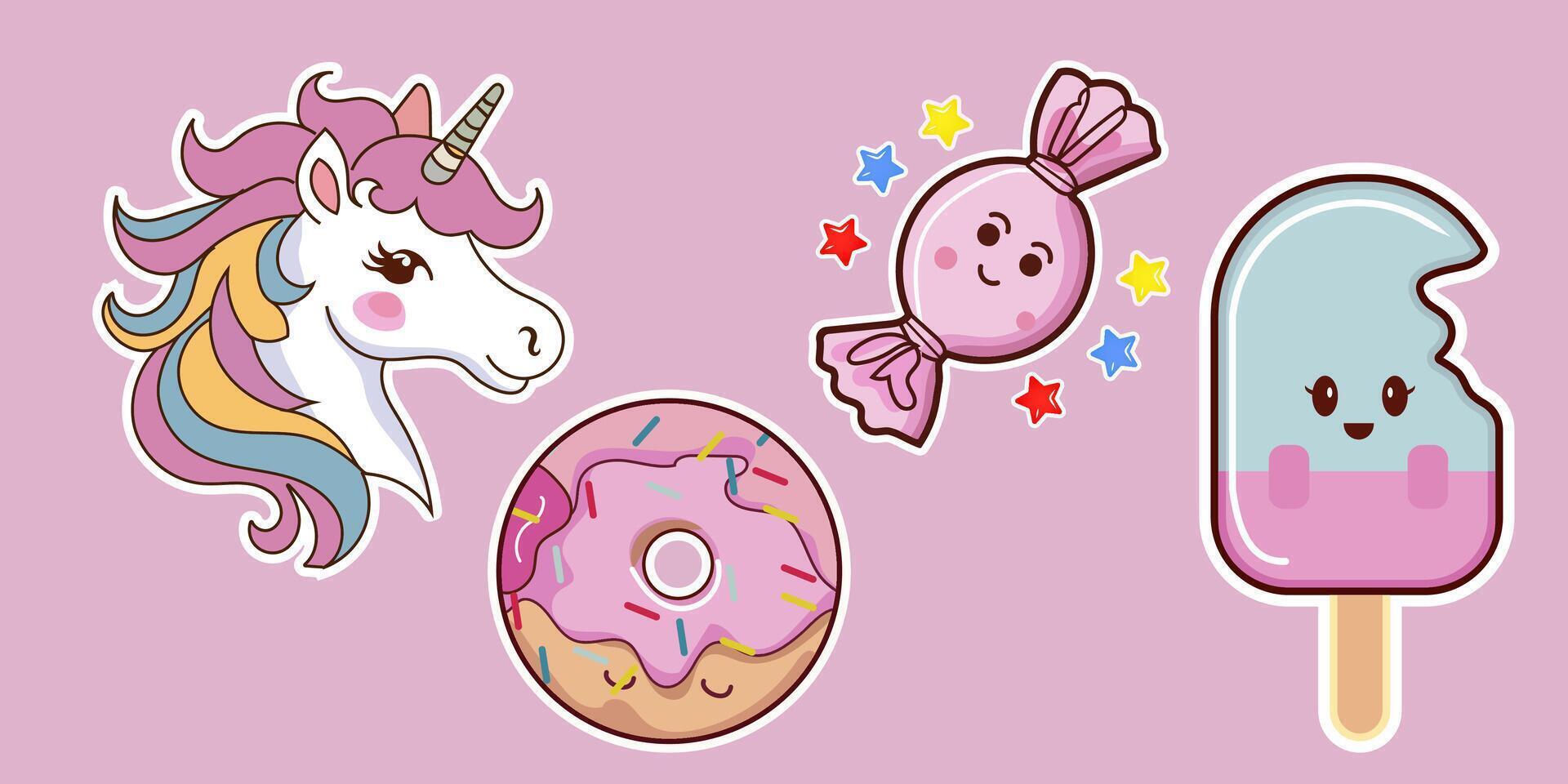 Cute cartoon unicorn and donut stickers set. illustration. vector