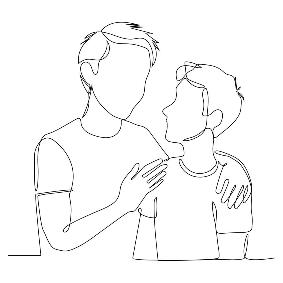 Single continuous line drawing of father and his son. vector