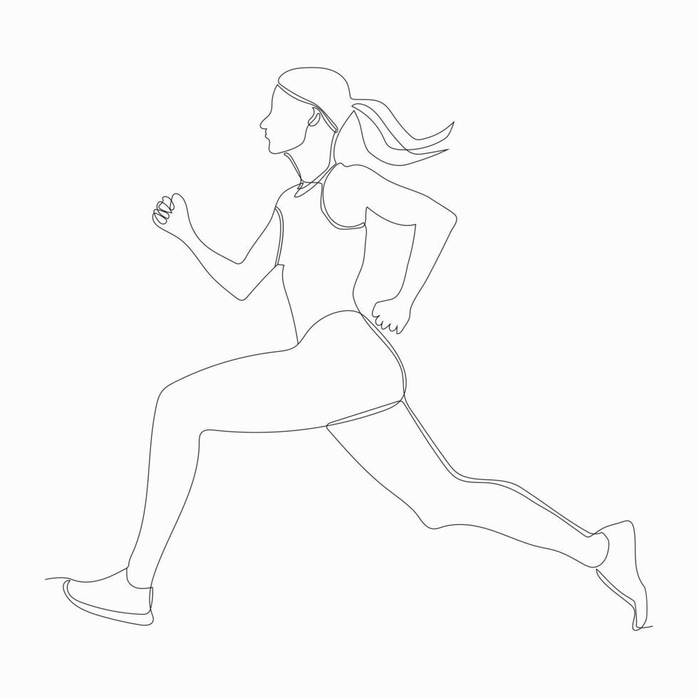 Continuous one drawn line silhouette running athlete girl, line art. vector
