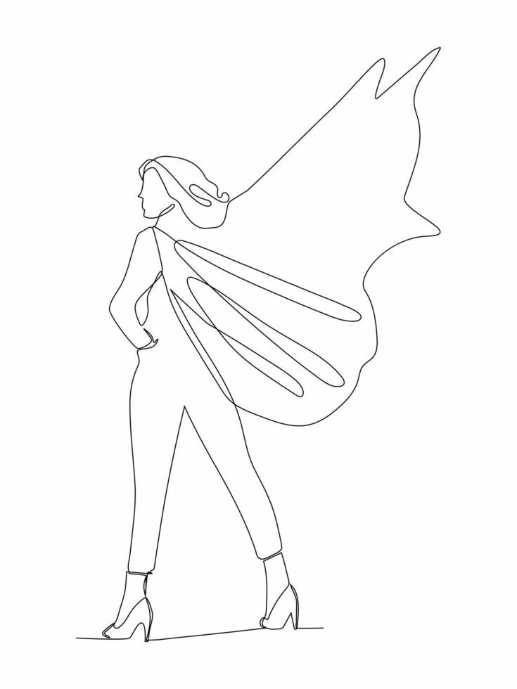 Single continuous line drawing businesswoman, Superhero tearing shirt and wearing costume. vector