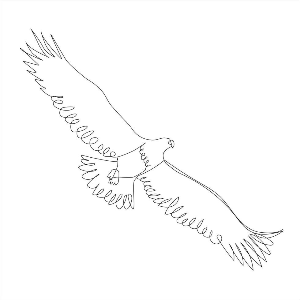An eagle soars in the sky with its wings spread wide. A large bird of prey flies in the air. one continuous line. vector