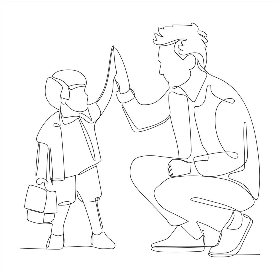 Continuous one line drawing of a young father giving high-five to his son for success. vector