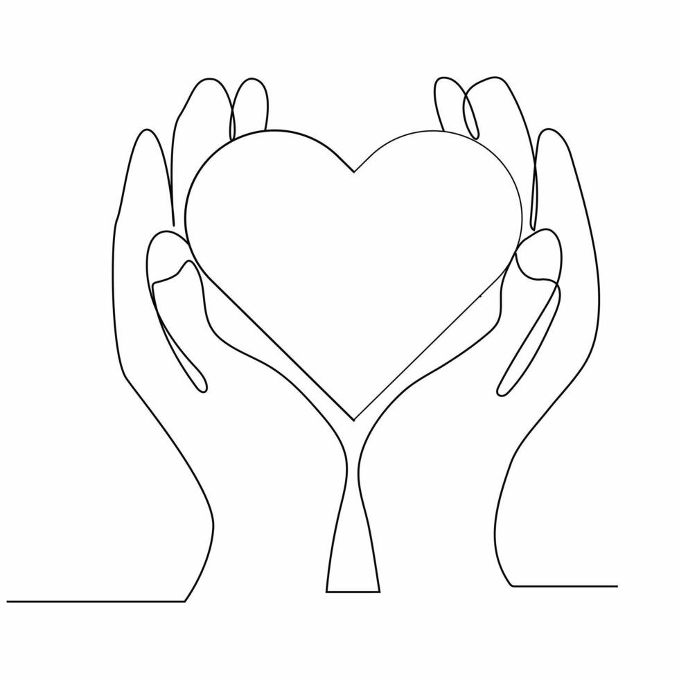 Continuous one line drawing of two hands holding a heart. vector
