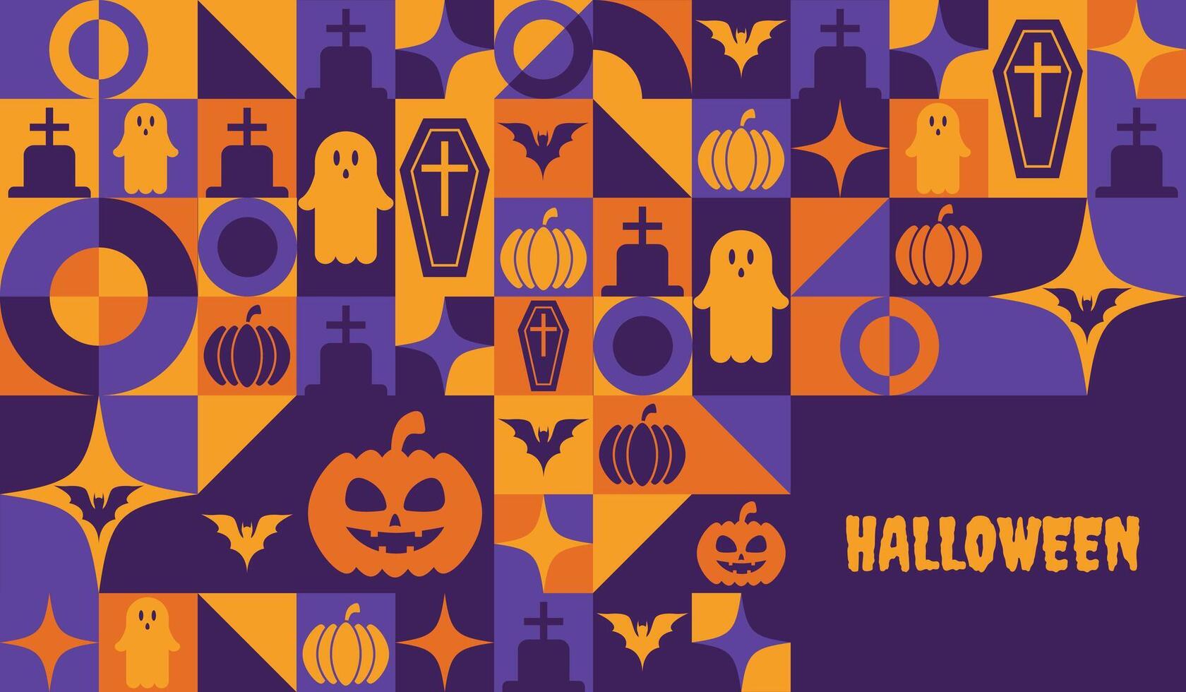 Halloween horizontal banner with Bauhaus geometric elements including pumpkin, bat, ghost, and cemetery vector