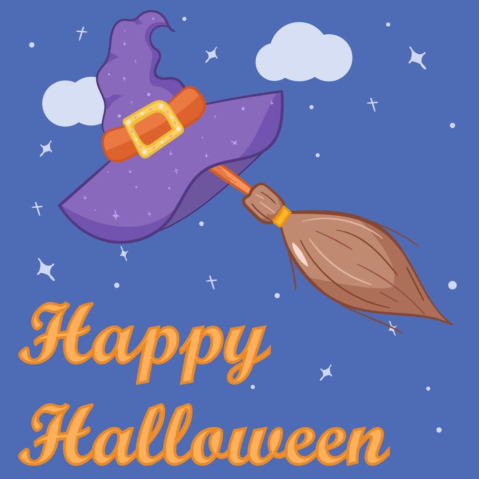 happy halloween greeting card post, internet, social media, flat illustration, sky with stars, simple backgraund, witch hat with magic broom, for children vector