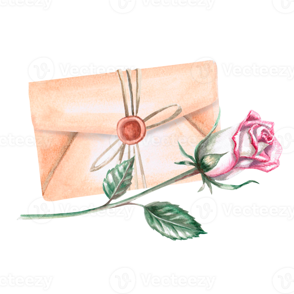 Composition of an envelope and a rose in retro watercolor style. Illustration for greeting cards, congratulations, weddings, memorials, decorations. Illustration isolated from background. png