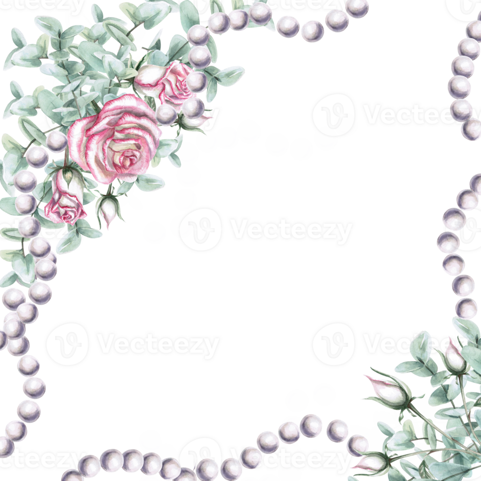 Bouquet composition with roses, eucalyptus and pearl beads in watercolor. Watercolor illustration for greeting cards, weddings, memorials, printing on clothing. Illustration isolated from background. png