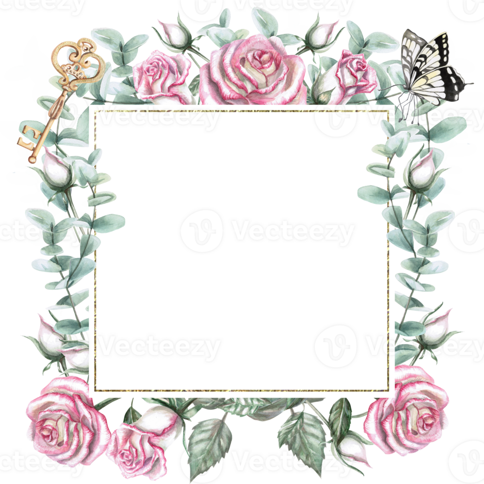 Bouquet composition with roses, eucalyptus, butterfly, key with a gold frame in watercolor. Illustration for greeting cards, weddings, memorable dates. Illustration isolated from background. png