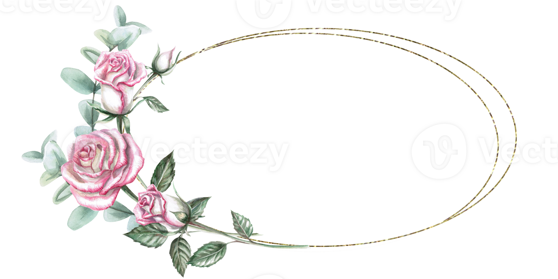 Oval frame of roses, buds, eucalyptus leaves in watercolor illustration. Hand drawn watercolor drawing for wedding invitations, place cards, memorable dates. Composition isolated from background. png