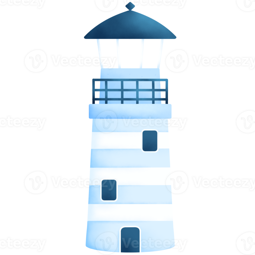 Blue lighthouse in cartoon style isolated illustration hand drawn cute lighthouse png
