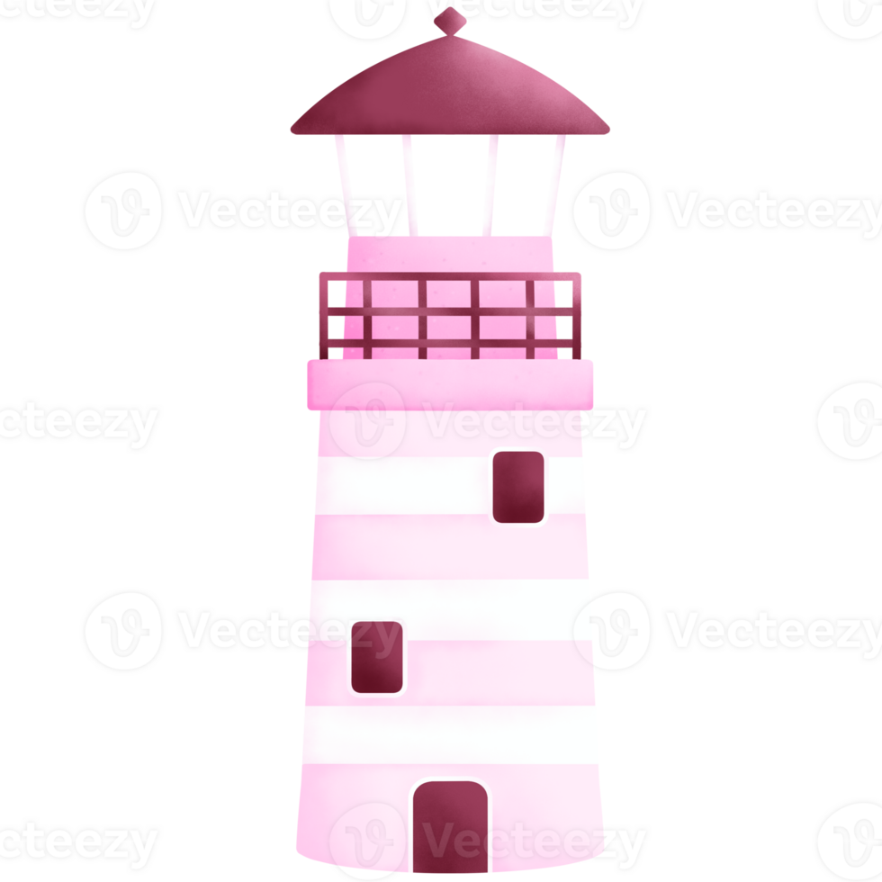 Pink lighthouse in cartoon style isolated illustration hand drawn cute lighthouse png