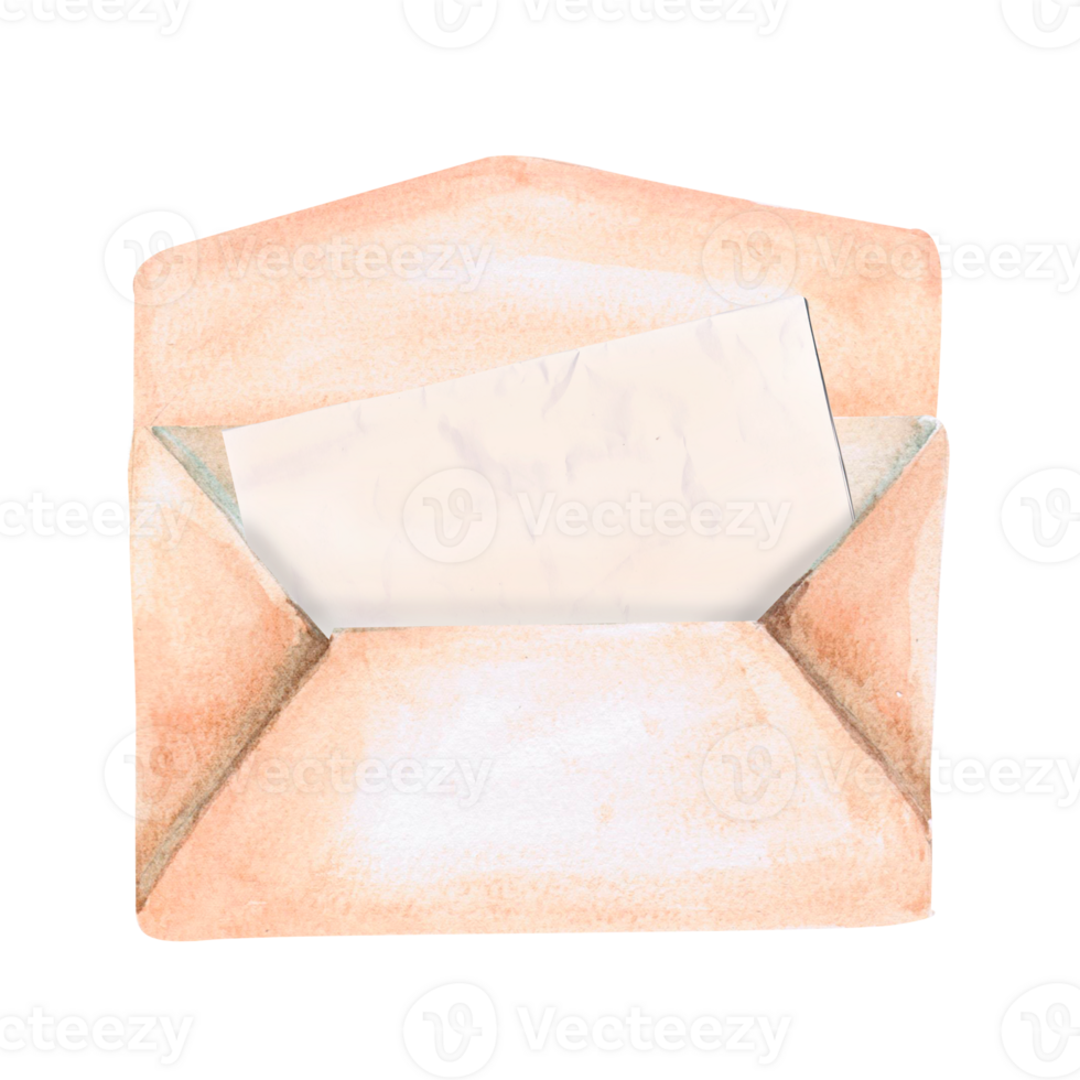 An open envelope with a letter inside in watercolor. Illustration for greeting cards, cookbooks, weddings, memorials, decoration. Illustration isolated from background. png