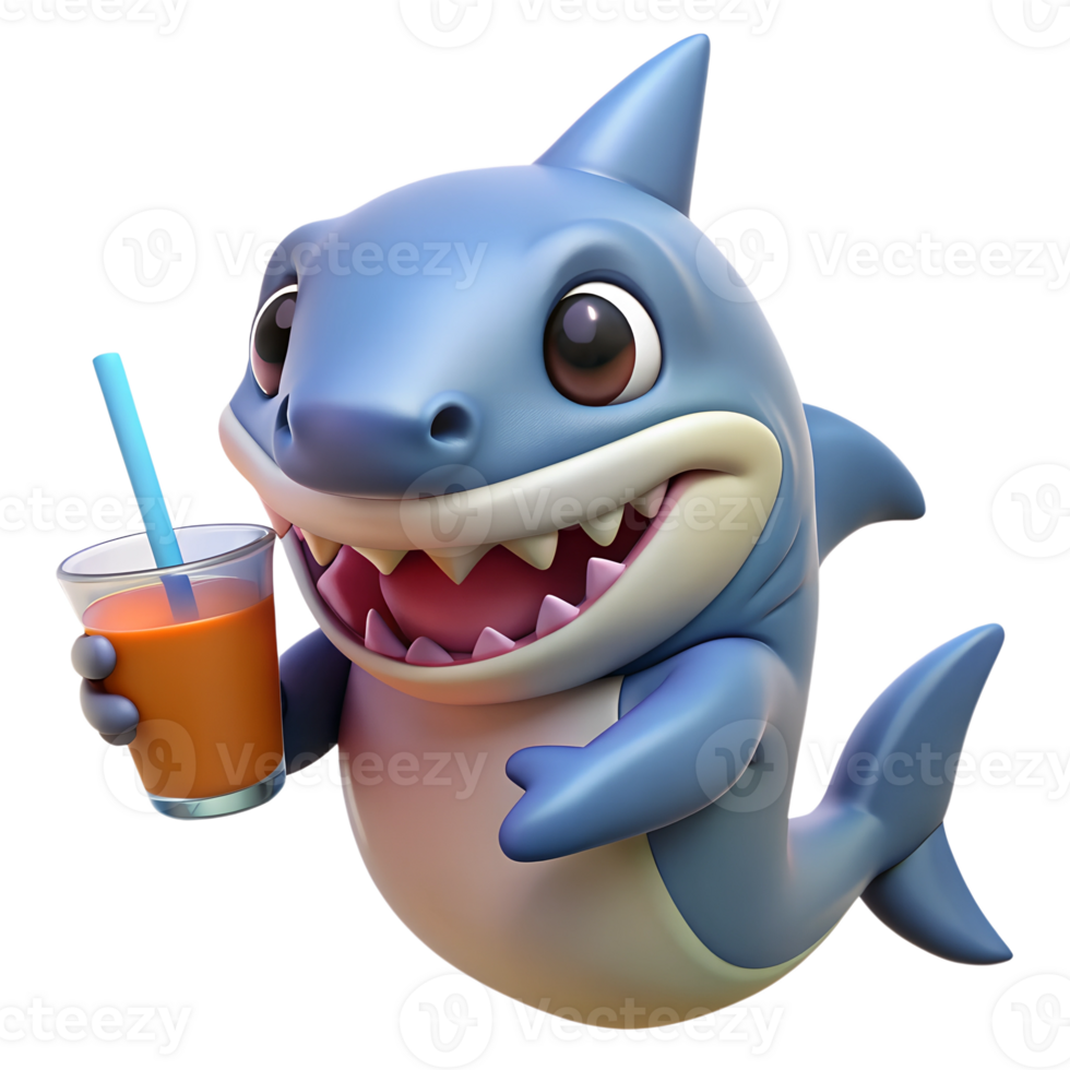 Cute shark character holding refreshing summer drink png