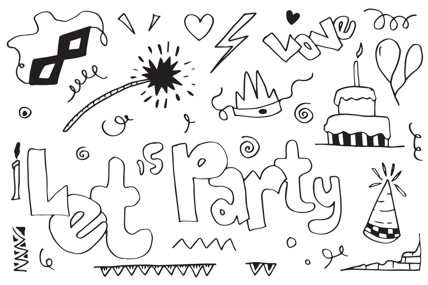 Hand drawn, doodle party set isolated on white background.Sketch icons for invitation, flyer, poster. vector