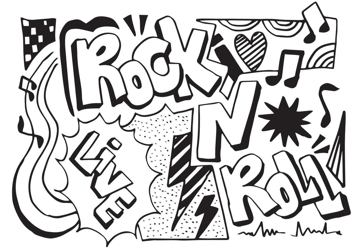 Rock'n'roll sign and doodle style for banner,invitation,concept design on white background. vector