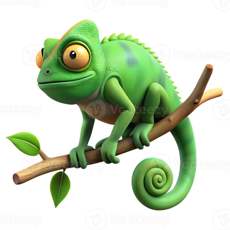 Cute cartoon chameleon character sitting on the tree branch isolated on the transparent background png