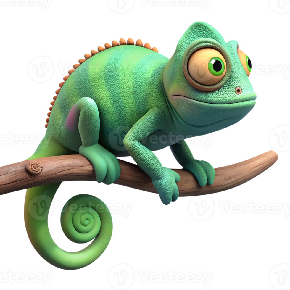 Cute cartoon chameleon character sitting on the tree branch isolated on the transparent background png