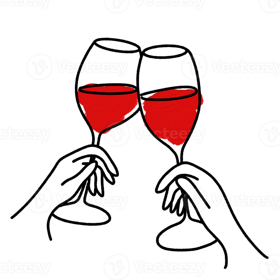 Two hands holding red wine glasses doodle line art outline illustration with a red oil paint February 14, Valentine's Day Design element png
