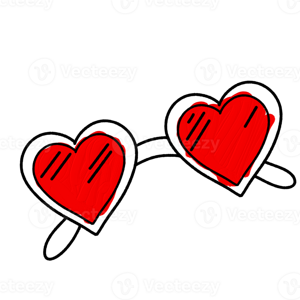 Heart shaped sun glasses Hand drawn doodle line art outline illustration with a red oil paint February 14, Valentine's Day Design element png