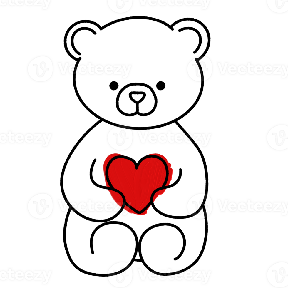 A teddy Bear holding a heart doodle line art outline illustration with a red oil paint February 14, Valentine's Day Design element png
