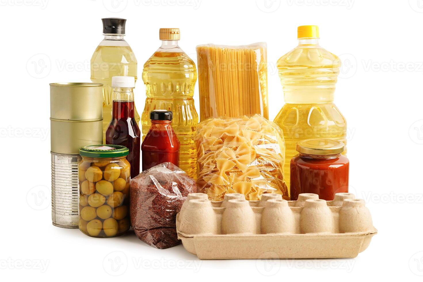 Foodstuffs for donation isolated on white background with clipping path for volunteer to help people. photo