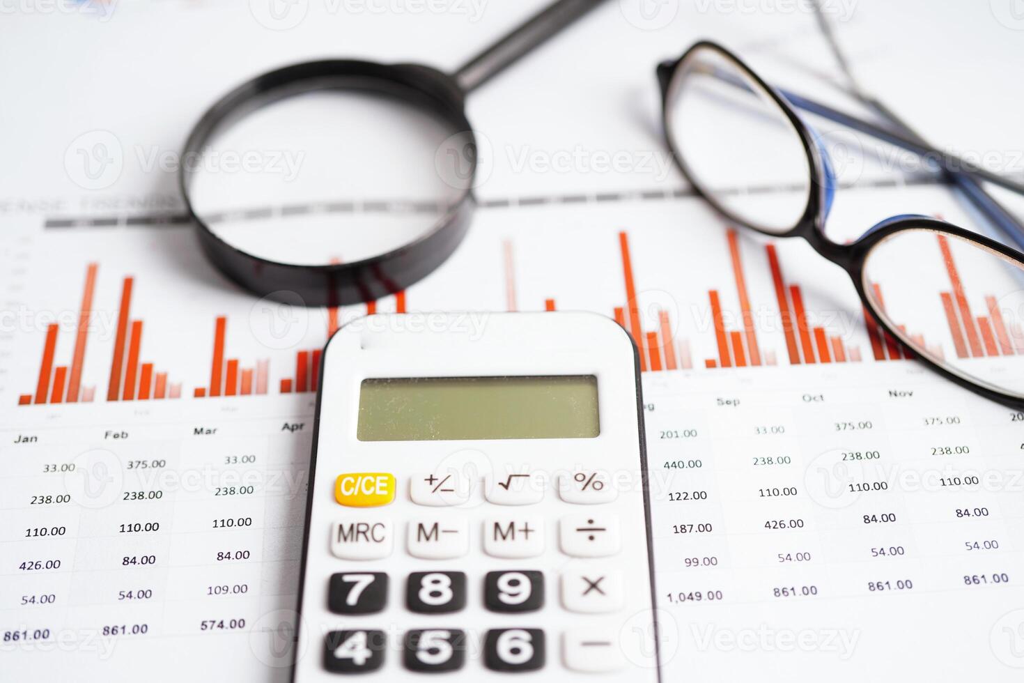 Eyeglass with calculator on chart graph paper. Finance, account, statistic, investment data economy, stock exchange business. photo