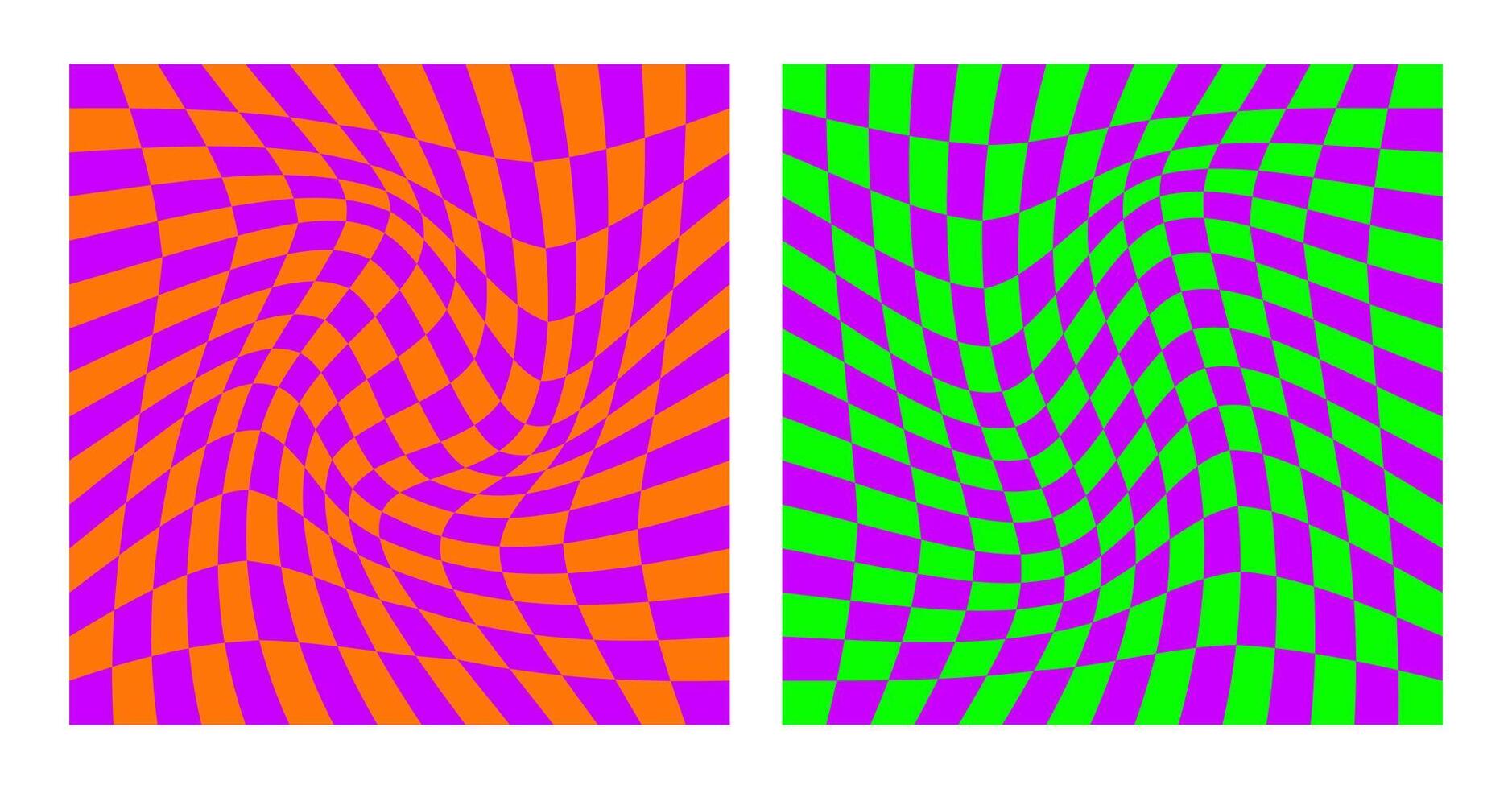 Acid psychedelic checkered board banners, posters. Halloween party. Purple, orange and acid green abstract geometric background. Fall aesthetic. Autumn backdrop. vector
