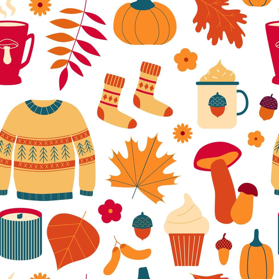 Autumn cozy seamless pattern. Ugly sweater, socks, fall leaves, pumpkin, candles, hot drinks, mushrooms. Hygge. Fall background, wallpaper, backdrop. vector