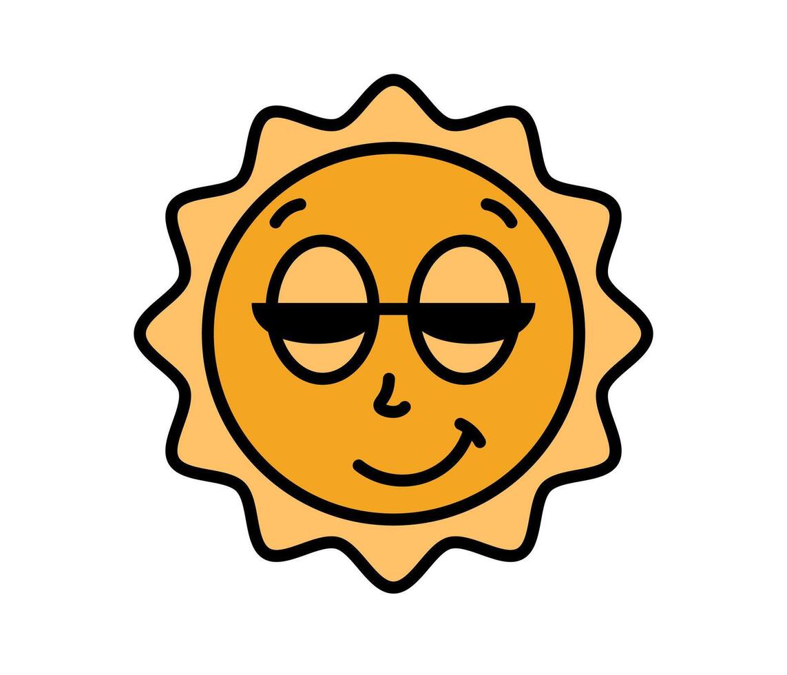 Sun character with cartoon funny face in sun glasses. Groovy sticker with Sky symbols. Weather icon. Emoji expression. Retro illustration on white background vector