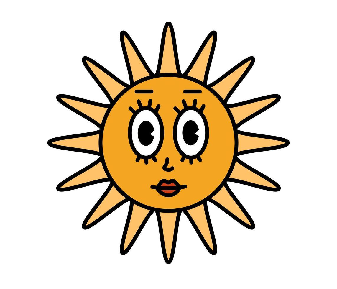 Sun character with cartoon funny face. Groovy sticker with Sky symbols. Weather icon. Emoji expression. Retro illustration on white background vector