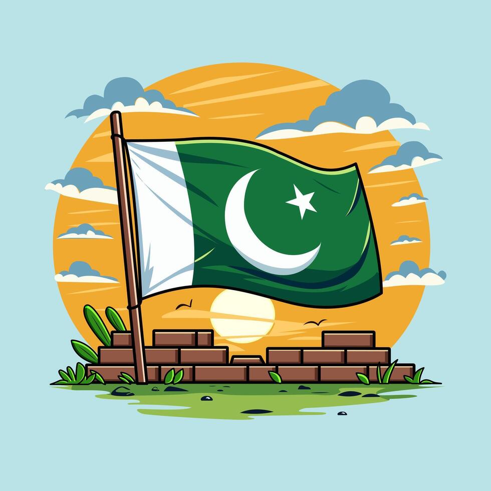 Wavy Pakistan Flag Sunset Glow Sky Below Brown Bricks And Lush Greenery Texture Illustration vector
