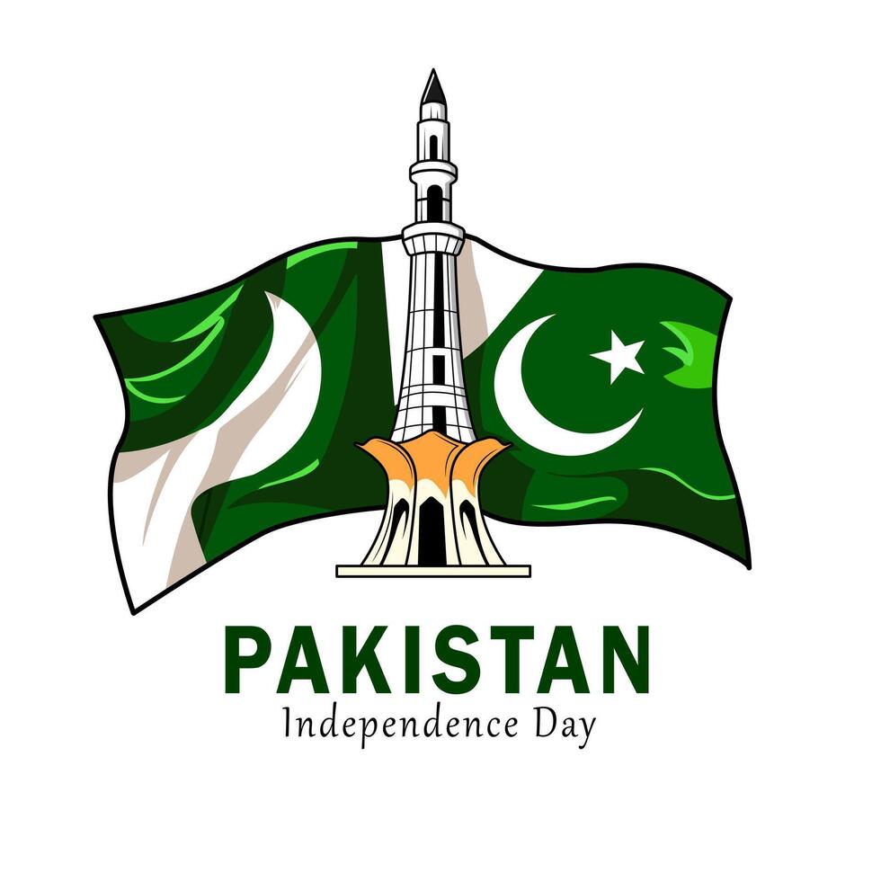 National Wavy Flag Of Pakistan Independence Day Concept With Minar-e-Pakistan Illustration vector