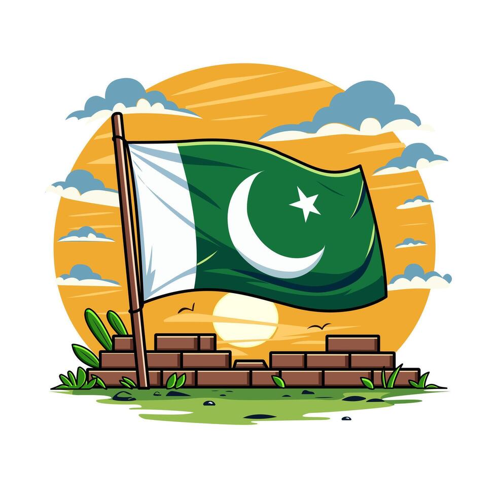 Wavy Pakistan Flag Sunset Glow Sky Below Brown Bricks And Lush Greenery Texture Illustration vector