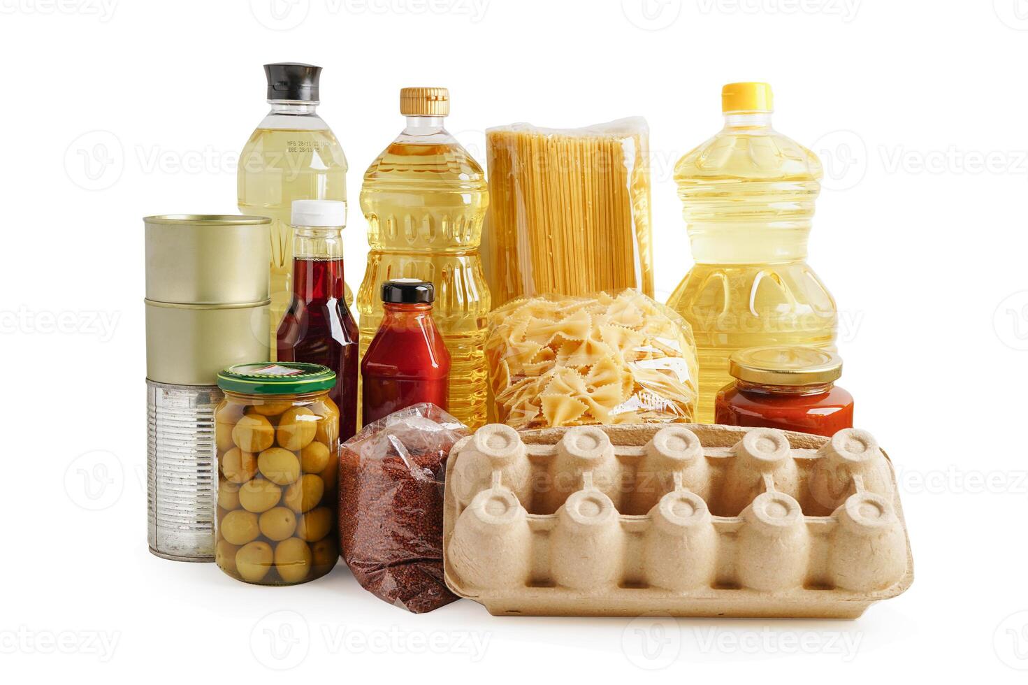 Foodstuffs for donation isolated on white background with clipping path for volunteer to help people. photo