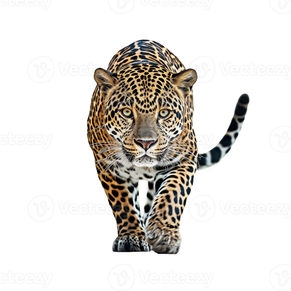 Majestic jaguar panther stalking elegantly in front view against a transparent background png