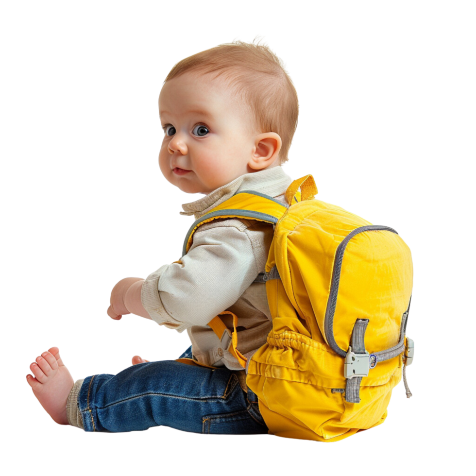baby wearing a school backpack, looking curious and playful isolated on transparent background png