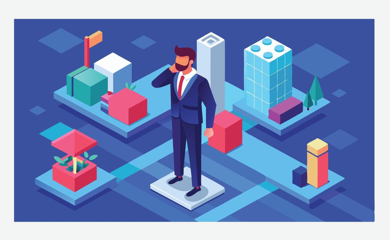 Strategic Decision Making, A Businessman Standing in Isometric Illustrations vector