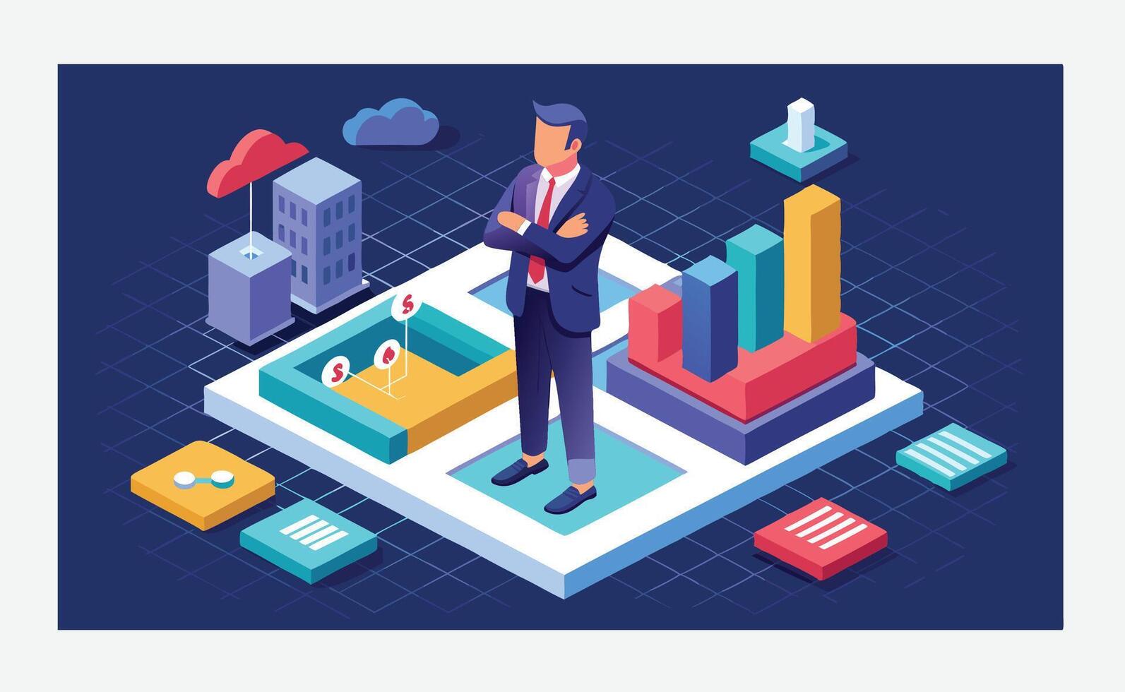 Strategic Decision Making, A Businessman Standing in Isometric Illustrations vector
