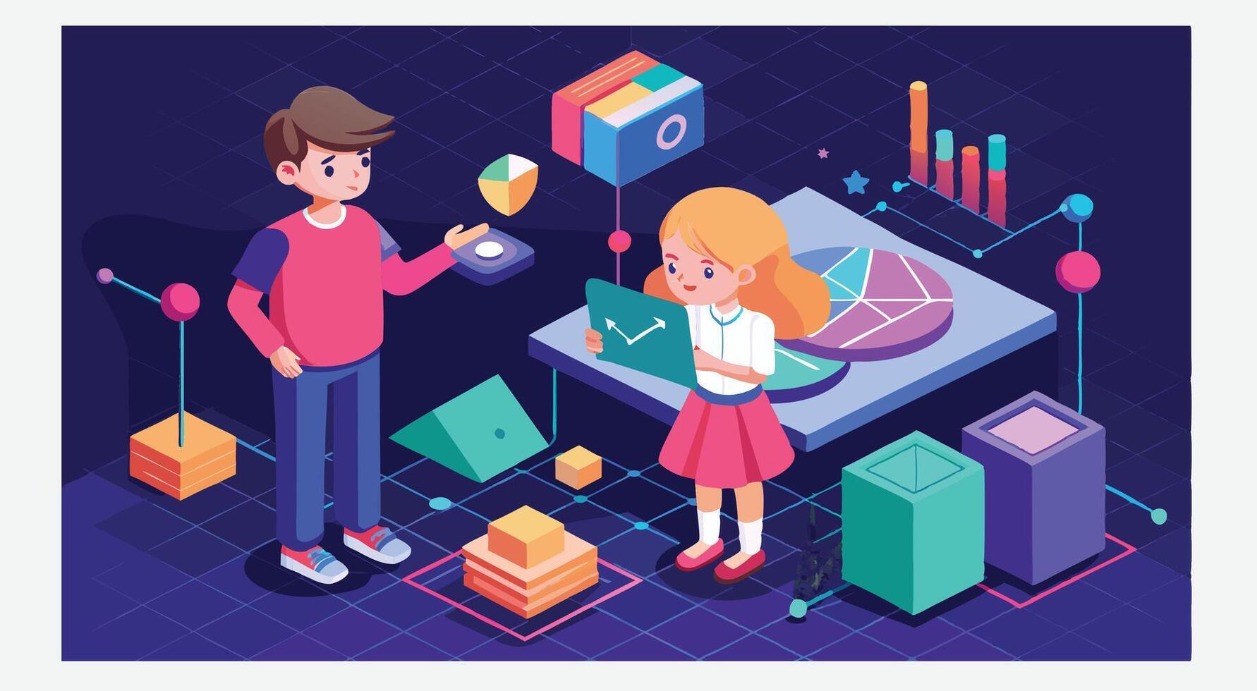 Stunning Isometric Illustrations, A Boy and a Girl Analyzing Art vector