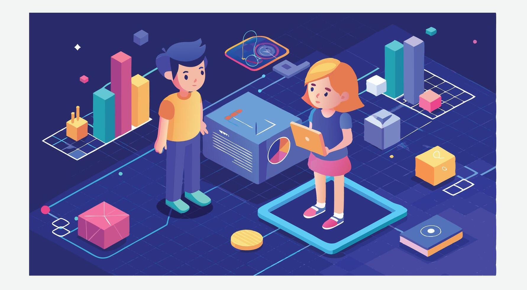 A Boy and a Girl Making Money Engaging Chat Isometric Illustrations vector