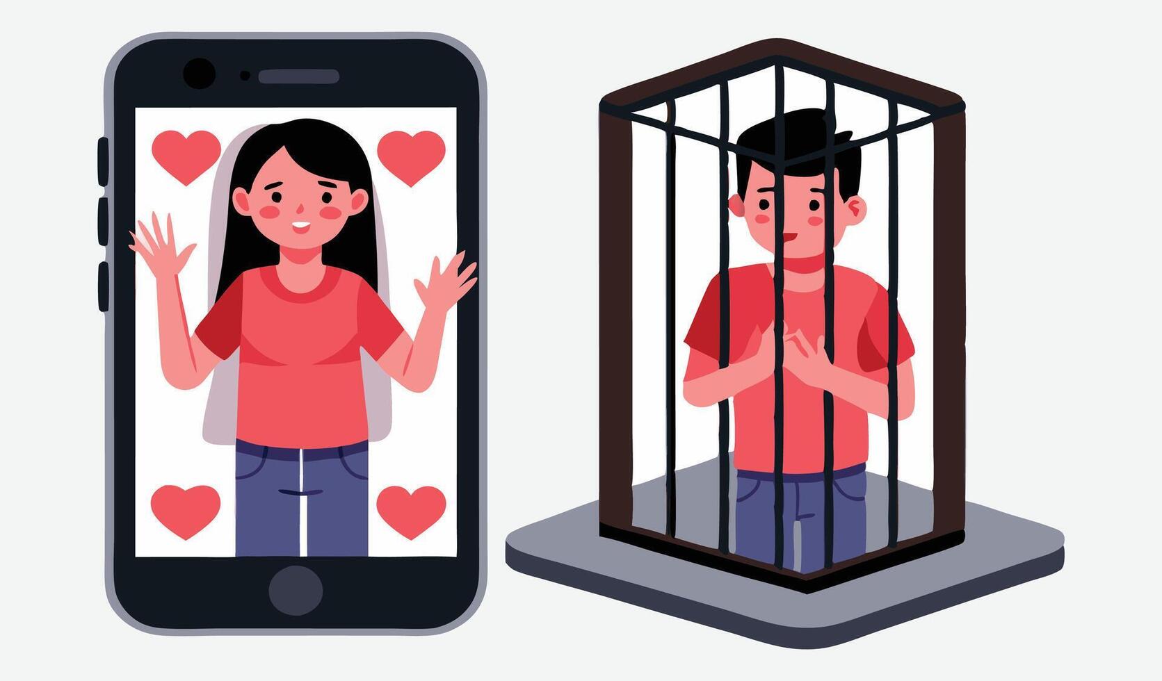 Digital Bond, Illustrations of a Girl Inside a Cell Phone and a Boy Holding it - Art vector