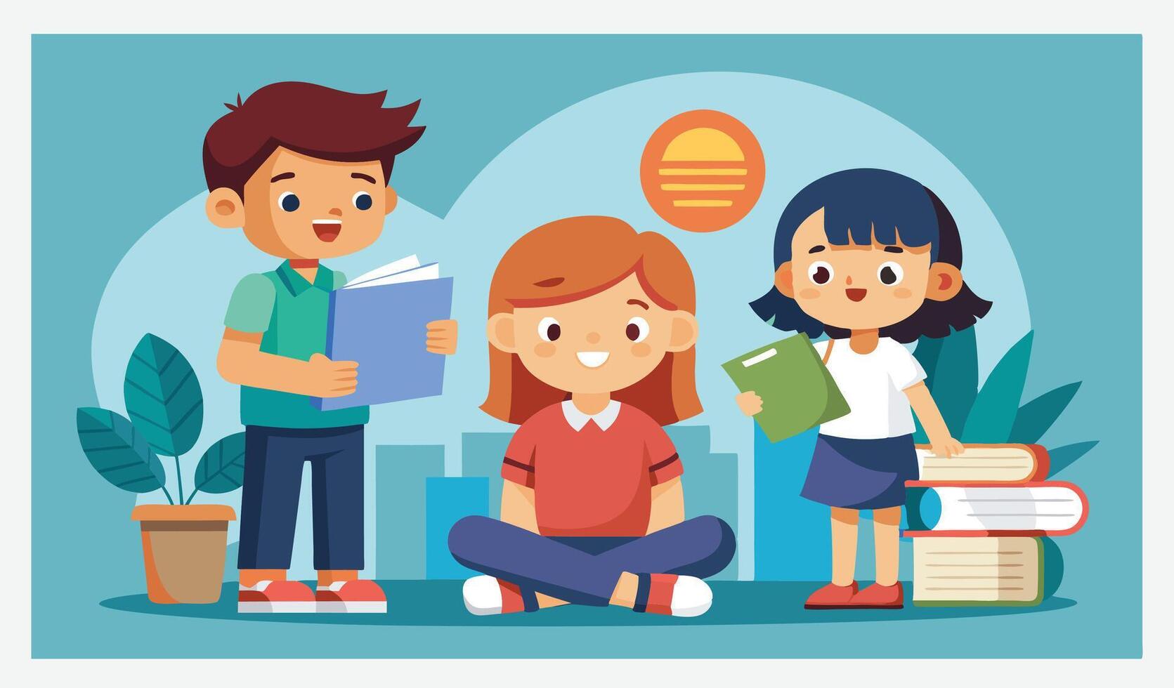 Engaging Isometric Illustration, Two Boys with a Girl Reading a Paper vector