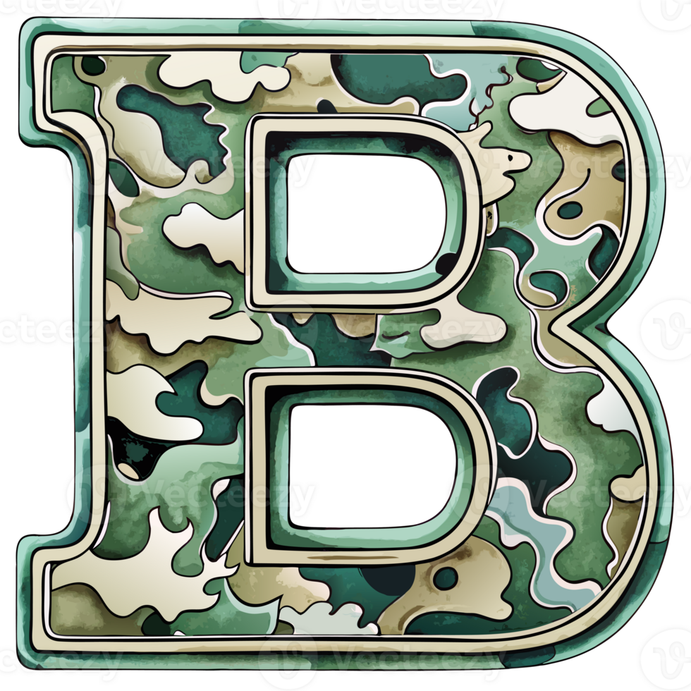 A letter b is prominently displayed with a camouflage pattern, camouflage features shades of green, tan, and brown, creating a military-inspired look. png