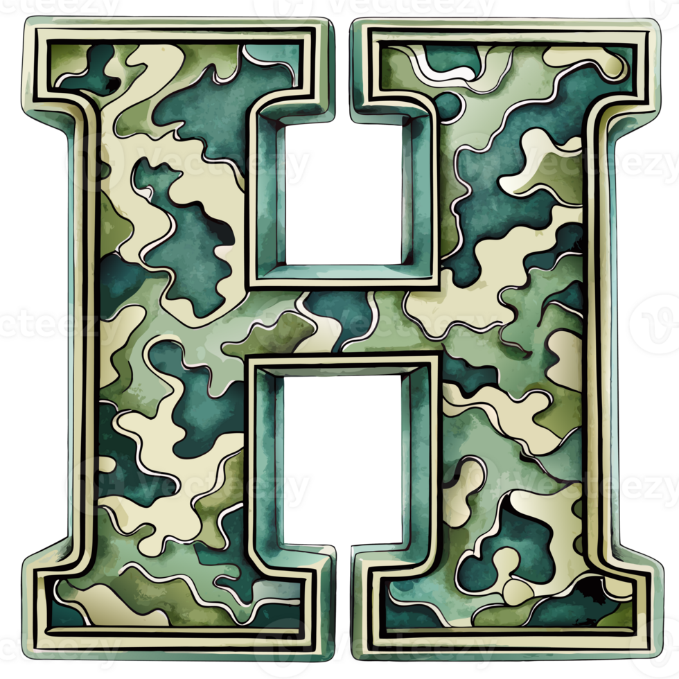 A letter h is prominently displayed with a camouflage pattern, camouflage features shades of green, tan, and brown, creating a military-inspired look. png