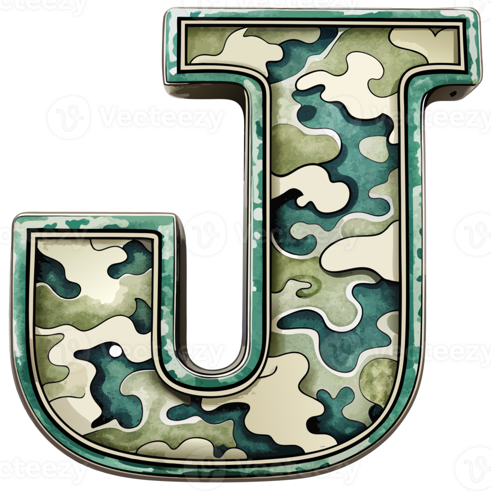 A letter j is prominently displayed with a camouflage pattern, camouflage features shades of green, tan, and brown, creating a military-inspired look. png