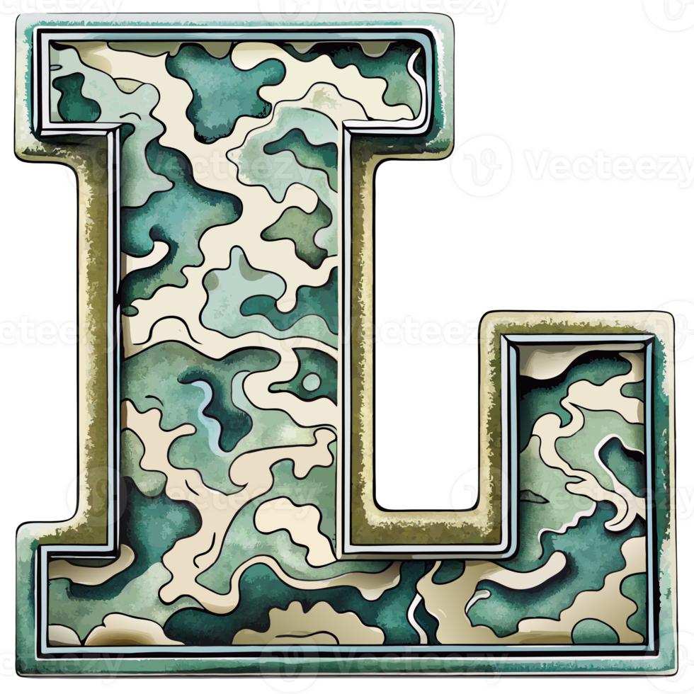 A letter l is prominently displayed with a camouflage pattern, camouflage features shades of green, tan, and brown, creating a military-inspired look. png