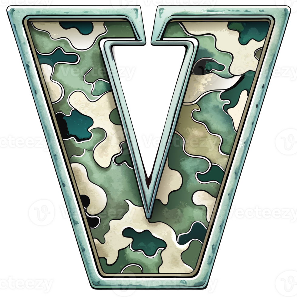 A letter v is prominently displayed with a camouflage pattern, camouflage features shades of green, tan, and brown, creating a military-inspired look. png